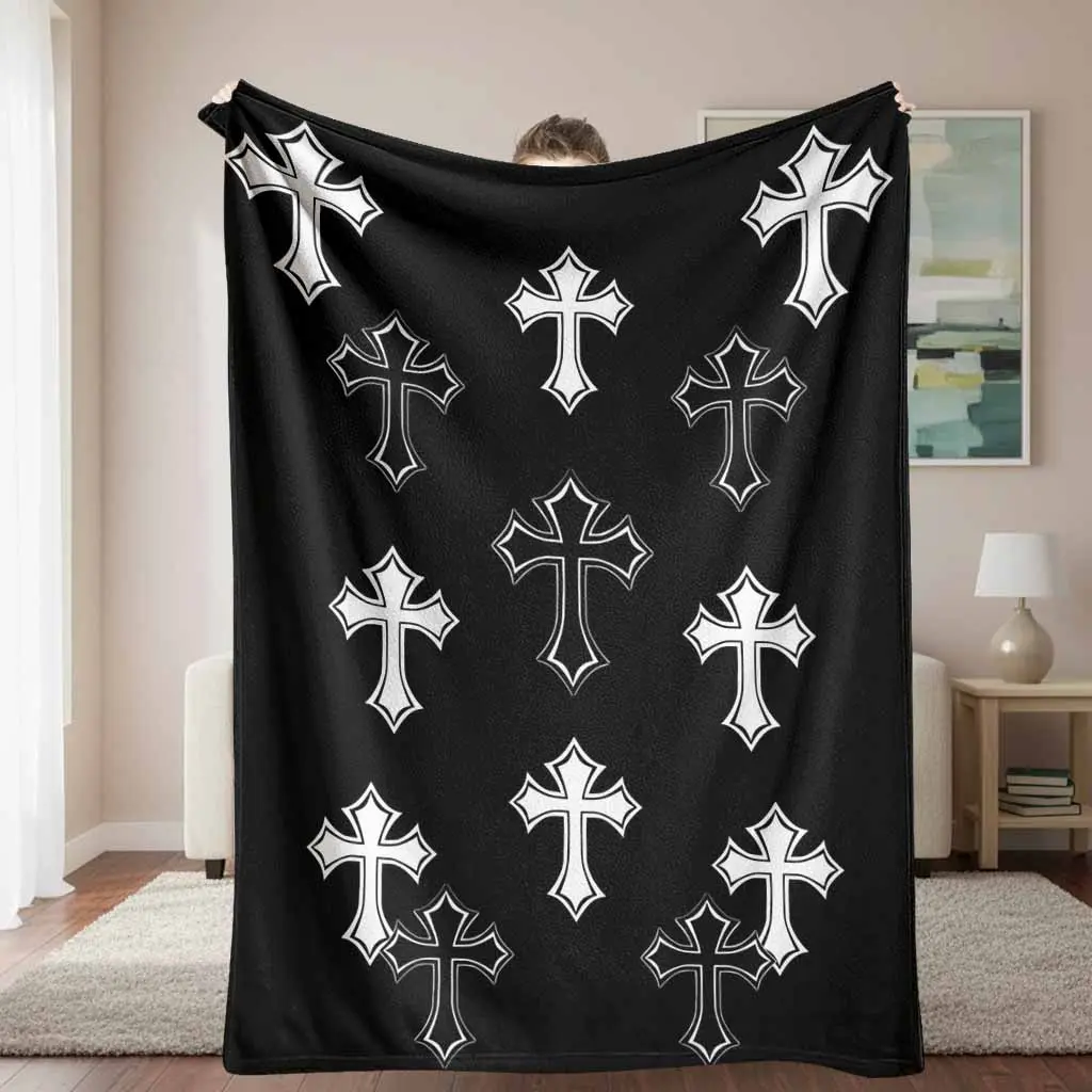 Gothic Style Cross Graphic Flannel Blanket, Minimalist Black And White Religious Icon Print, Ultra Soft Lightweight Breathable Warm Statement Decorative Blanket For Living Room Sofa, Meaningful Gift, Cross Graphic Blankets, Gothic Style Blankets