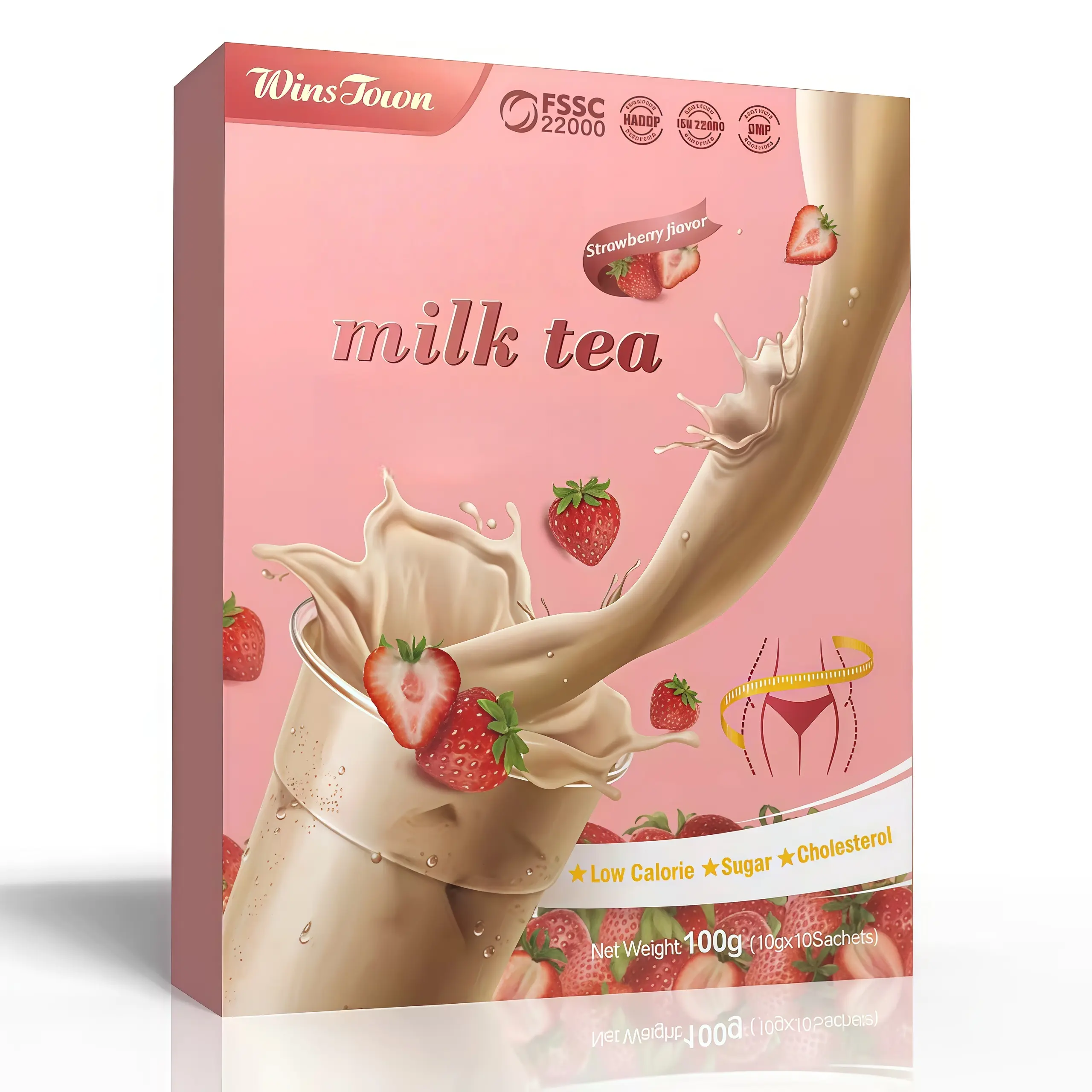 WinsTown Strawberry Milky Instant Milk Tea - 100g, 10 Sachets, Low-Calorie Drink for Hot-Cold Brew