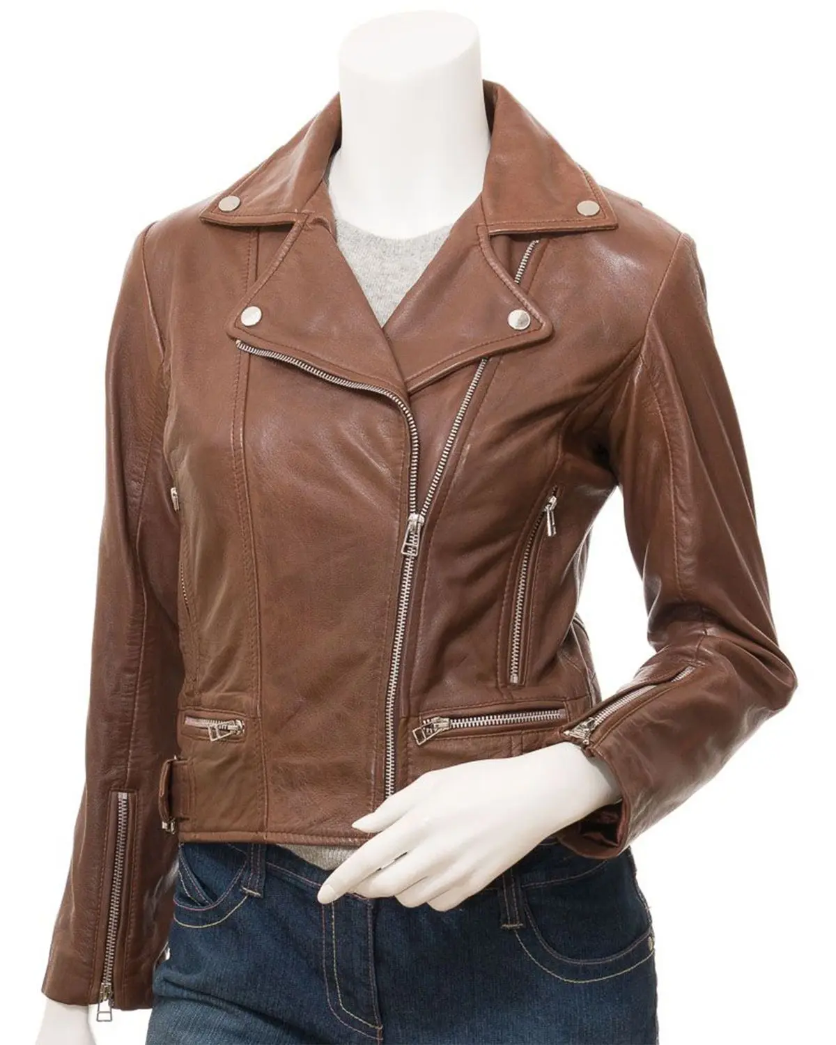 MotorCycleJackets Womens Cross Zip Brown Biker Genuine Sheepskin Leather Jacket