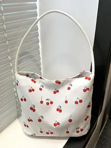 Niche design cherry print portable shoulder tote bag, small fresh and simple portable bucket bag, fashionable, lightweight, sweet  cute  small and versatile, suitable for daily commuting, shopping, dating, etc., Casual commuter bag, Casual Shoulder Bag