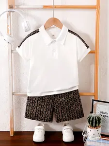 Boys' Summer New Short Sleeve Shorts Set, Button Polo Shirt with Shoulder Patch Letter Print, Lightweight Soft Shorts, 2-Piece Casual