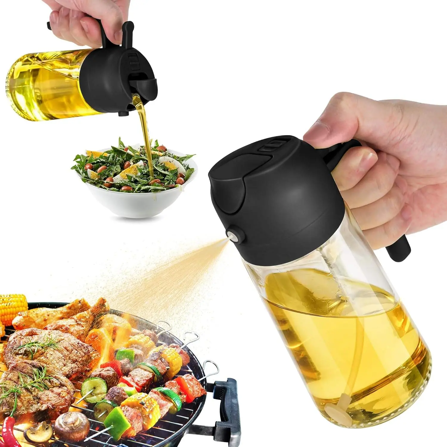 3Pack 470ml Glass Oil Sprayer 2-in-1 Kitchenware Utensils, Cooking Oil Container | Black/Green/White | Portion Control for Air Fryer, Salad, BBQ