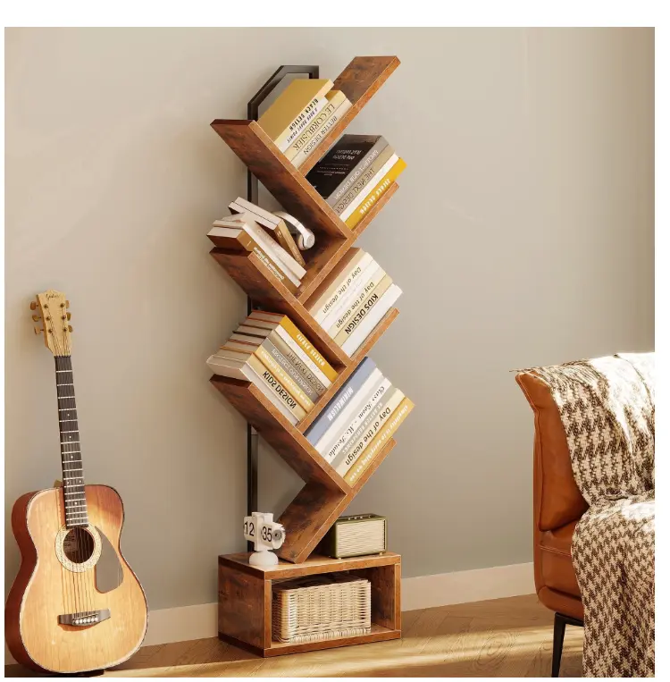 6-Tier Tree Bookshelf for Corner, Tall Wood & Metal Bookcase, Space Saving Storage Shelf for Living Room, Bedroom & Office
