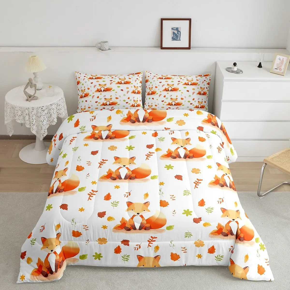 Feelyou 2Pcs Twin Size Fox Pattern Bedding Set - Cute Cartoon Fox Comforter, Nature Wildlife Duvet, Animal Themed Blanket, Kids' Bedroom Decor Bedding Set for Kids
