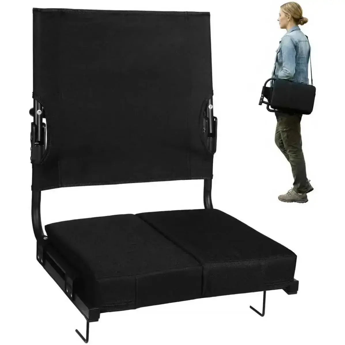 Folding Stadium Seat for Bleachers, Space-Saving Portable Chair for Adults with High Back, Durable Steel Frame & Thick Foam Cushion, Supports 350 lbs, Secure for Sports Events, Concerts, Black, 11" X 15" X 7", Unisex, Functional, 2 Bleacher Hooks, Folded,