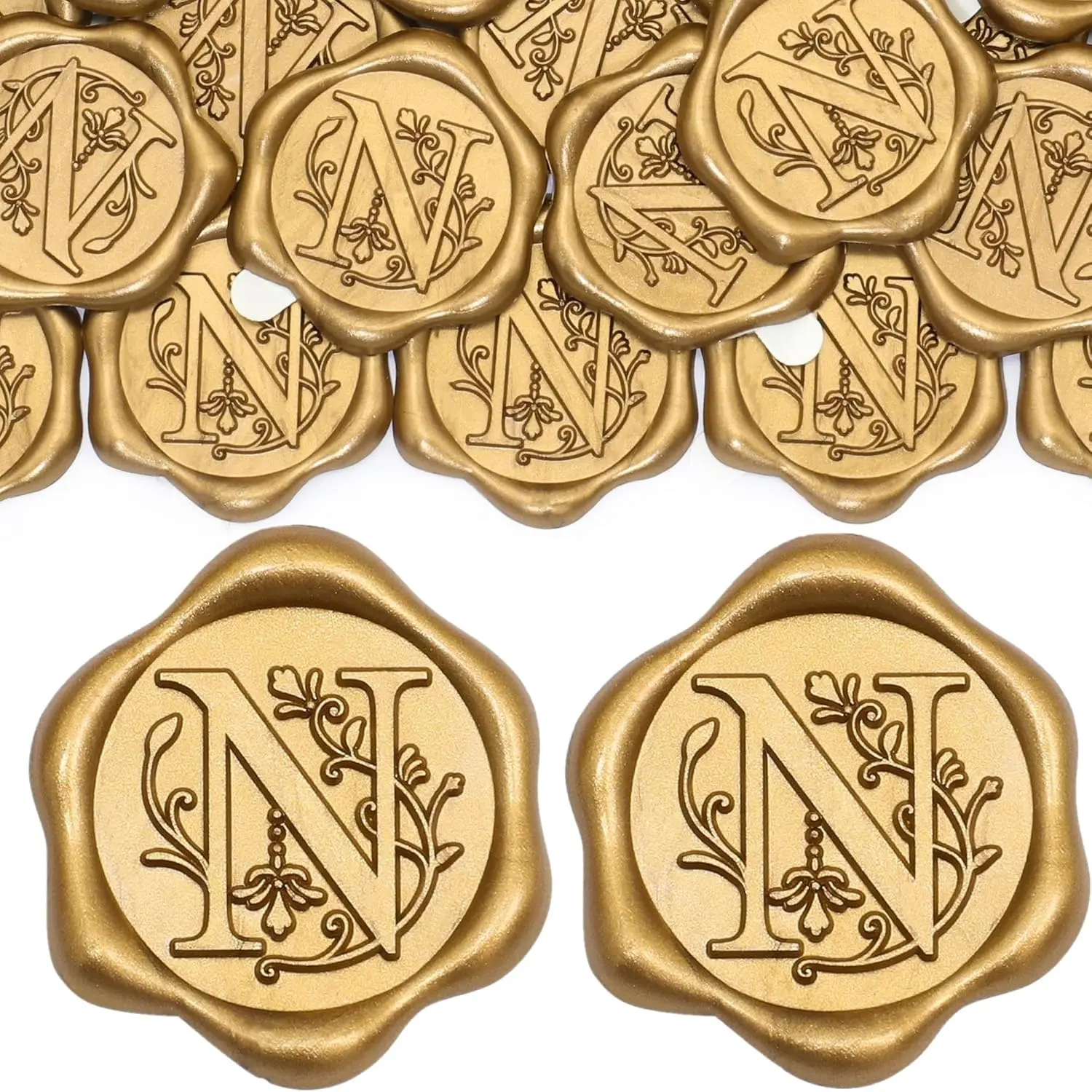 50 Pack Letter N Wax Seal Stickers, Antique Gold Initial Alphabet Self-Adhesive Wax Stickers, Wedding Party Invitation Envelope Seals