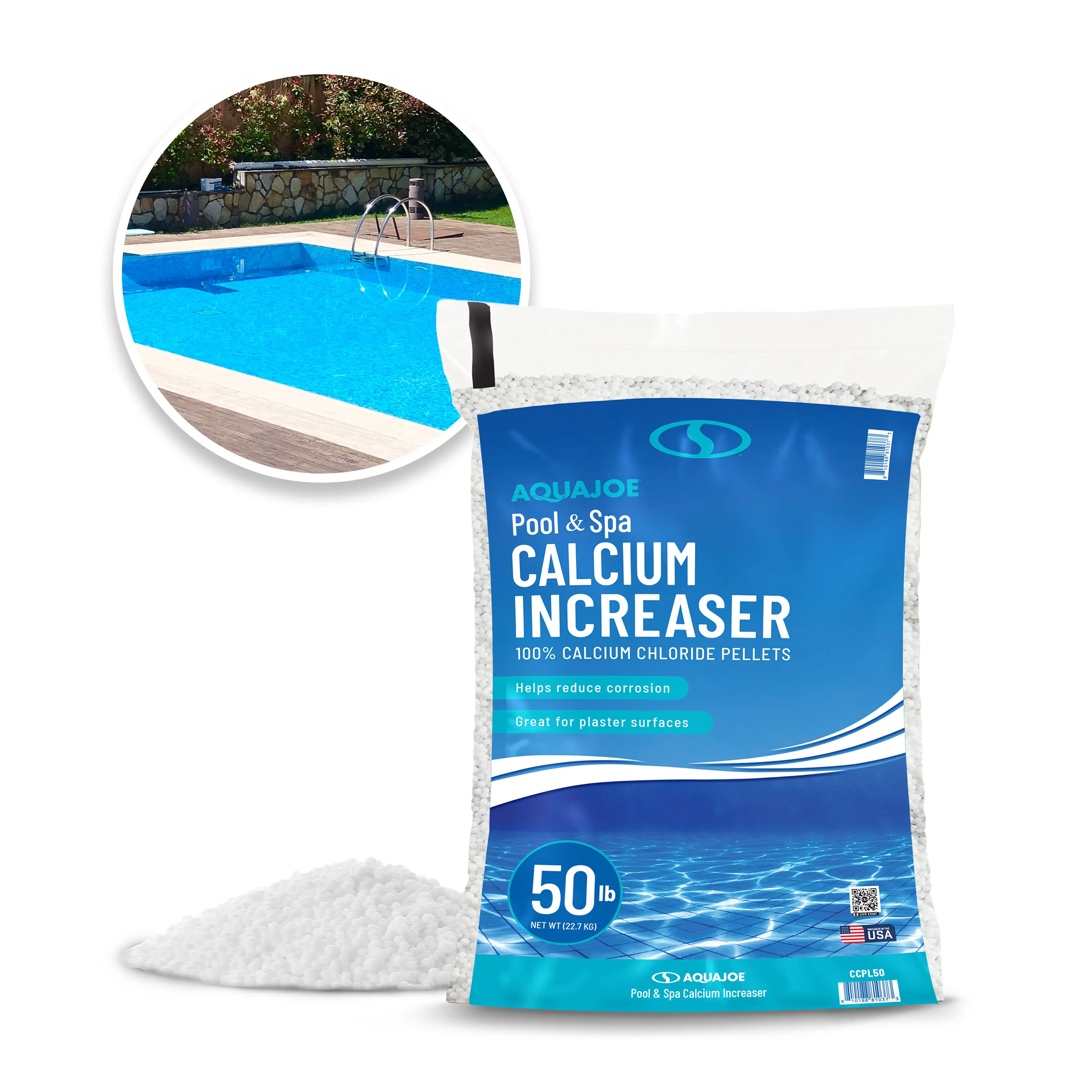 Aqua Joe Pool and Spa Calcium Hardness Increaser | Calcium Chloride Pellets | 50 Lb Bag | Above Ground and Inground Swimming Pools System Accessory for Care, Cleaning, and Maintenance