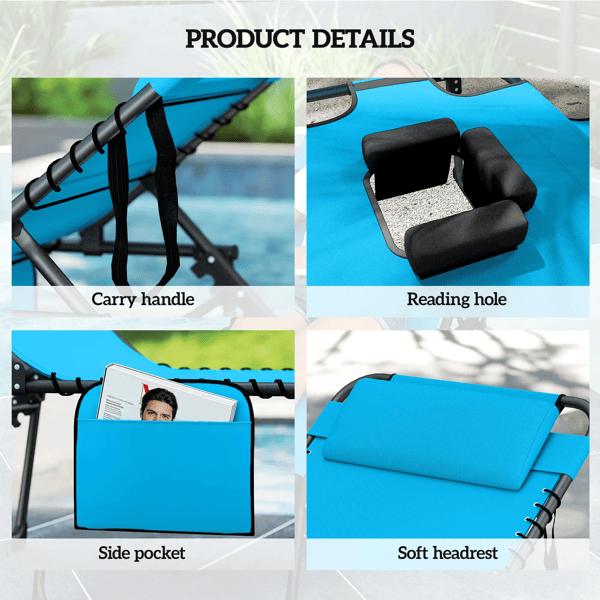 Folding Lounge Chairs - Sun Lounger for Two People with 5 Recline Positions & Reading Hole - Black/Blue Steel Frame - No Assembly Required - 264 lbs Capacity