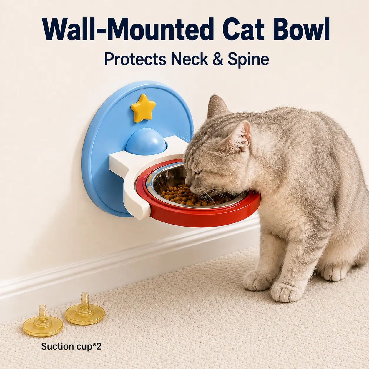 Elevated Cat Bowl & Wall-Mounted Pet Feeder - 2-in-1 adjustable height food and water bowl, spine support, detachable and foldable non-slip cat feeding station, suitable for indoor cats and small dogs.