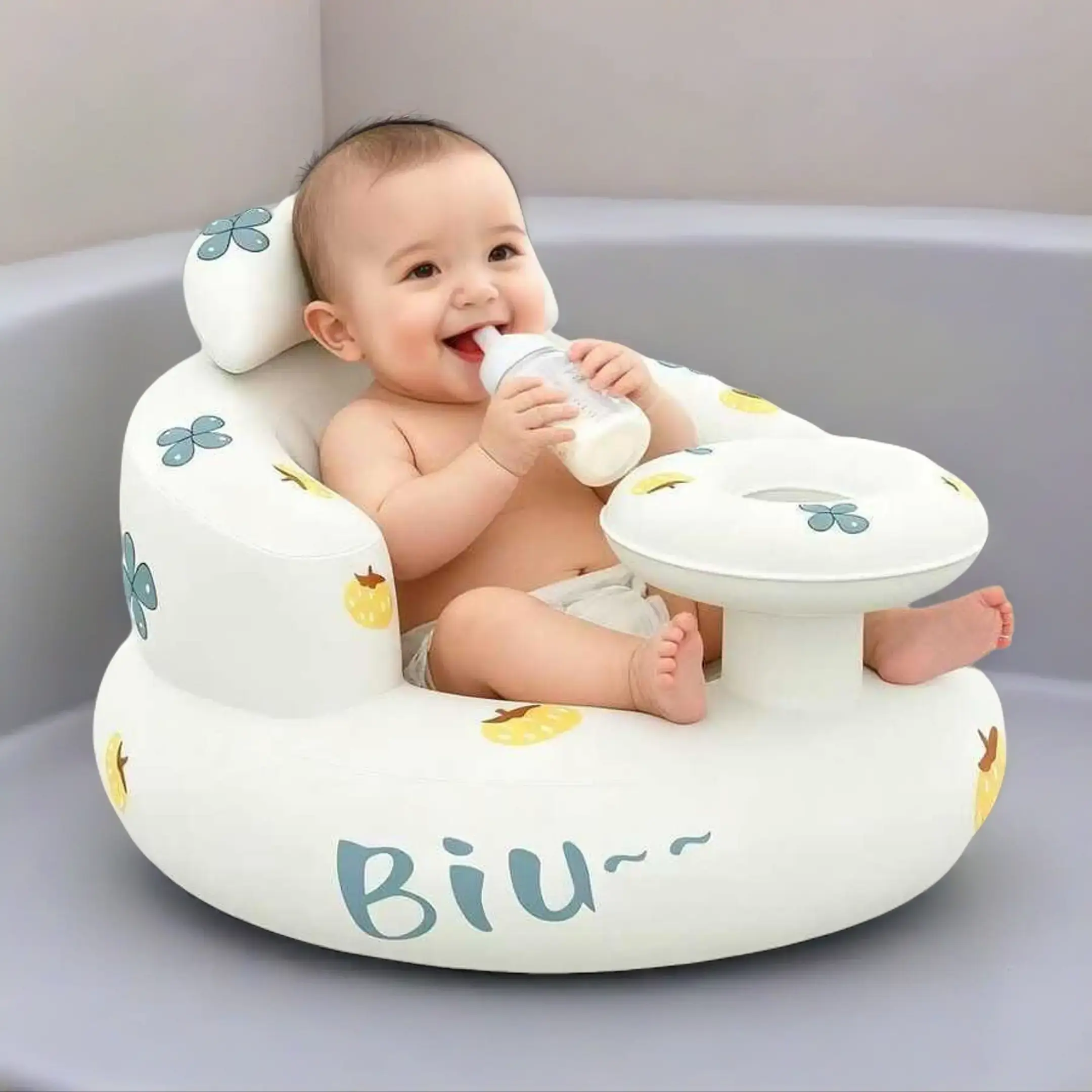 Unisex Compact Inflatable Baby Seat with Dinosaurs Characters, Soft Padded Floor Seat for Nursery & Tummy Time, Infant Lounger with Gentle Support Secure Beanie Harness, Playful Look