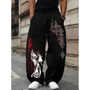 Men’s Gothic Angel & Cross Print Baggy Pants – Black Sweatpants, Dark Aesthetic Casual Wide-Leg Trousers