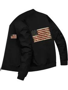 American Retro Style Men's Distressed American Flag Printed Baseball Jacket for Daily Wear and Casual Outings