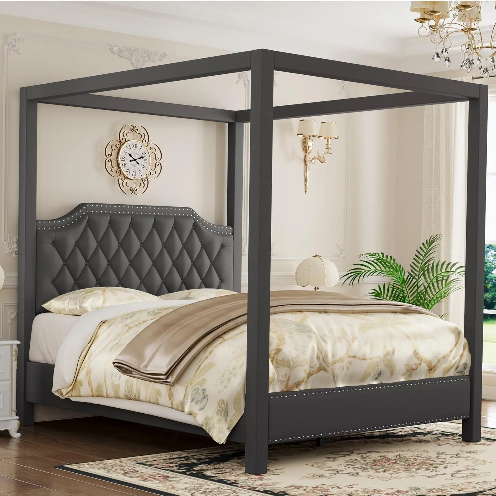 Queen Size Dark Grey Upholstered Wood Canopy Bed Frame with Button Tufted Headboard, Nailhead Trim, Silent Noise Reduction, Durable Build, No Box Spring Needed, Assembly Required (Shipped in 2 Boxes)
