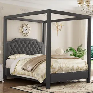 Dark Grey Upholstered Canopy Bed Frame Queen Size with Headboard, Button Tufted, Nailhead Trim Design, No Box Spring Required(Shipped in 2 Boxes)