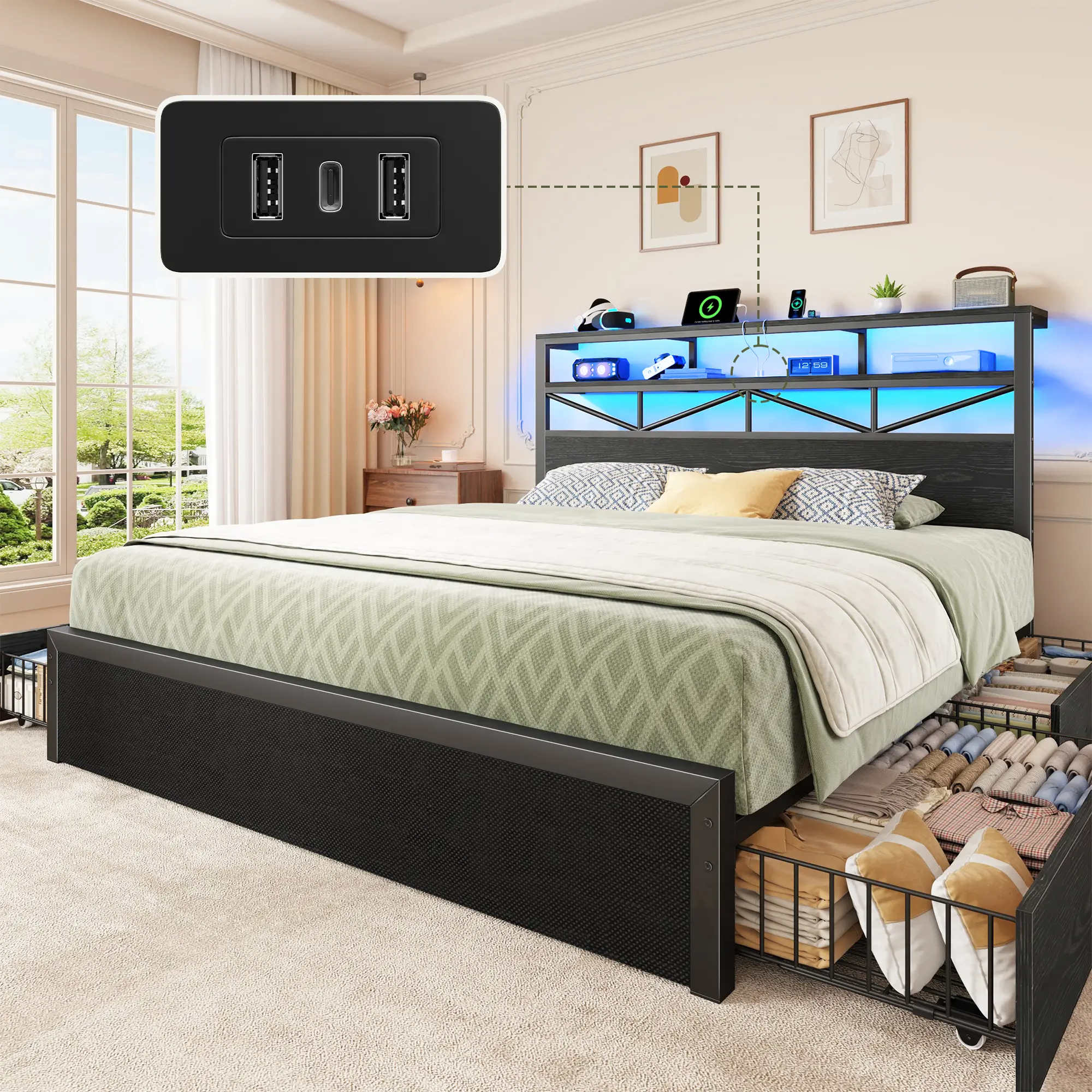 Raybee Industrial Bed Frame with 4 Storage Drawers & 2 Tiers of Shelves, Modern LED Bed Frame with Built-in Power Strip, Platform Bed frame for Full/Queen/King, 880LBS Capacity, No Box Spring Needed,  Storage Solution for Small Bedroom, Apartment, Dorms