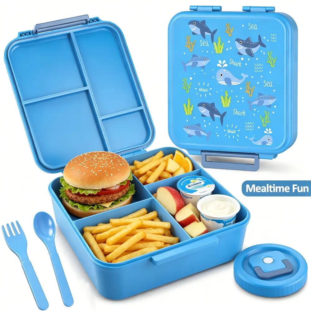 Bento Lunch Box Dual Color Leakproof Design, Freezer Microwave Safe Plastic Container, Matching Spoon Included for Toddler Kindergarten Daily Use