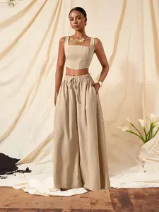2026 Spring Summer New Vacation Casual Fishbone Strap Top And Wide Leg Pants with Pockets 2pcs Set, Textured Fabric