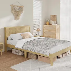 【Christmas Gift】Brown Queen Size Queen Bed Frame with Natural Rattan Headboard Sturdy Wooden Slats Metal Platform Boho Cane Mattress Support No Box Spring Needed Stylish and Robust Bedroom Furniture