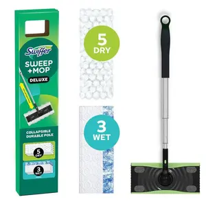 Swiffer Sweep Plus Deluxe 2-in-1 Floor Mop Kit  | Sweeps + Mops | Powerful Dust & Hair Pickup | Easy Assembly | Compact Storage | Starter Set with Cloths