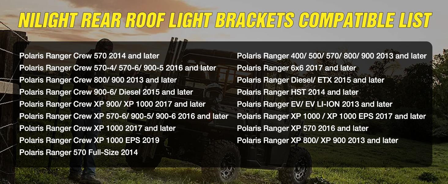 Nilight Rear Roof Backup Light Bar Brackets Reverse LED Lights Pod Mounting Bracket for Polaris Pro-fit Cage Compatible with 2013-2024 Ranger Full Size 570 800 900 1000 XP Crew 900 1000