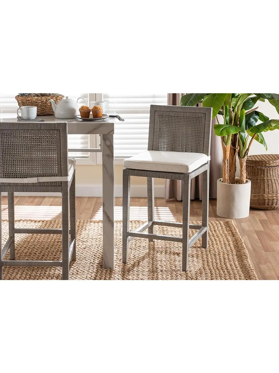 212 MAIN Sofia Natural Rattan Counter Stool - French Gray, Casual, Handwoven, Open Weave, Fully Assembled