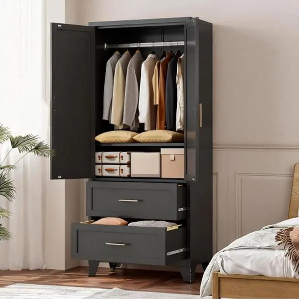Black Contemporary Double Wardrobe Cabinet – 71" Tall Metal Closet with 2 Doors, 2 Drawers, Hanging Rod, Shelf, Compartmentalized Storage for Closet & Bedroom Organization (Bedroom Use), Closet Organization
