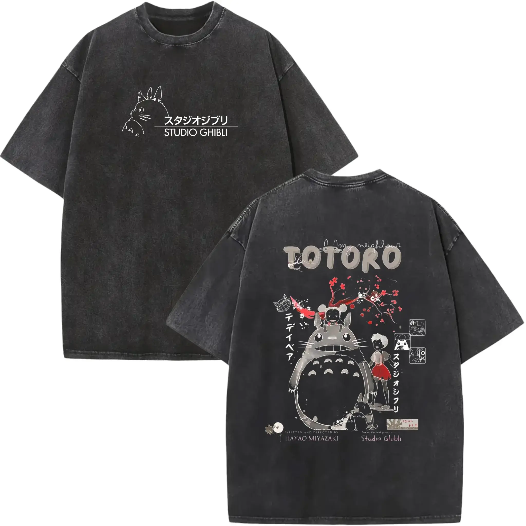 Vintage Wash Totoro Anime Graphic T-Shirt | Retro Studio Ghibli Back Print Tee | Heavyweight Oversized Streetwear Top | Nostalgic Japanese Manga Clothing