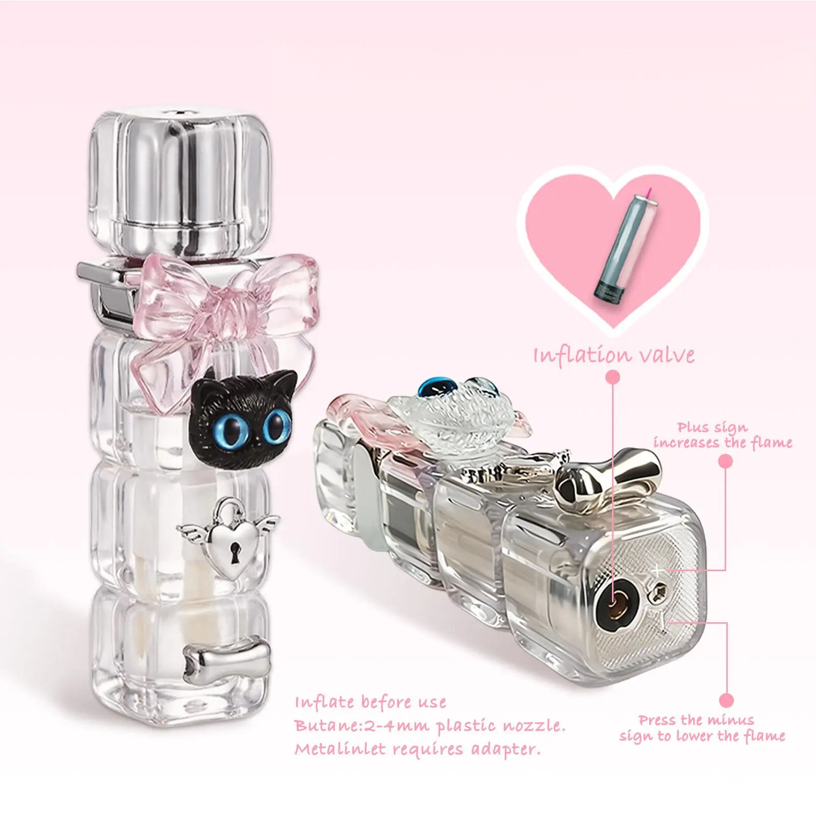 [Without Gas] Cute Cat Windproof Lighter, Adjustable, Inflatable, Rotatable, Pink Flame,Kitchen&Outdoor Tool, Practical and Elegant Gift for Girlfriends&Ladies, Including Exquisite Gift Box