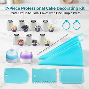 17 Pcs Cake Decorating Supplies Kit with Stainless Steel Icing Tips, Reusable Silicone Piping Bags, Scrapers & Couplers - Baking Tools for Cakes, Cupcakes & Cookies