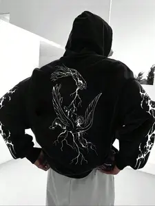 Men's Lightning Angel Graphic Print Hoodie, Loose Fit Long Sleeve Casual Sweatshirt with Pockets, Spring & Fall Fashion Top