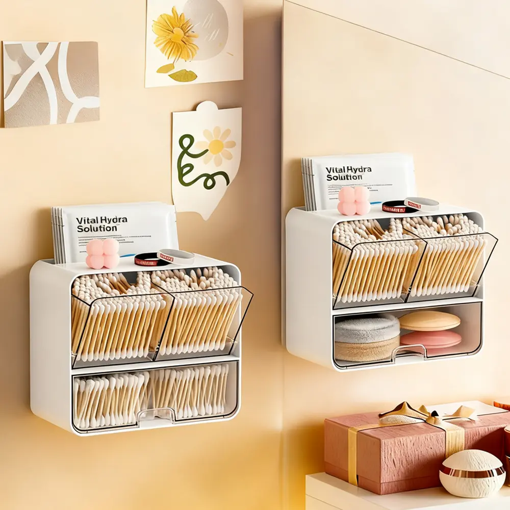 2PCS Wall-Mounted Bathroom Organizer – Cotton Swab & Pad Storage Box with Drawer, Waterproof Dustproof Makeup Storage for Vanity & Sink Area