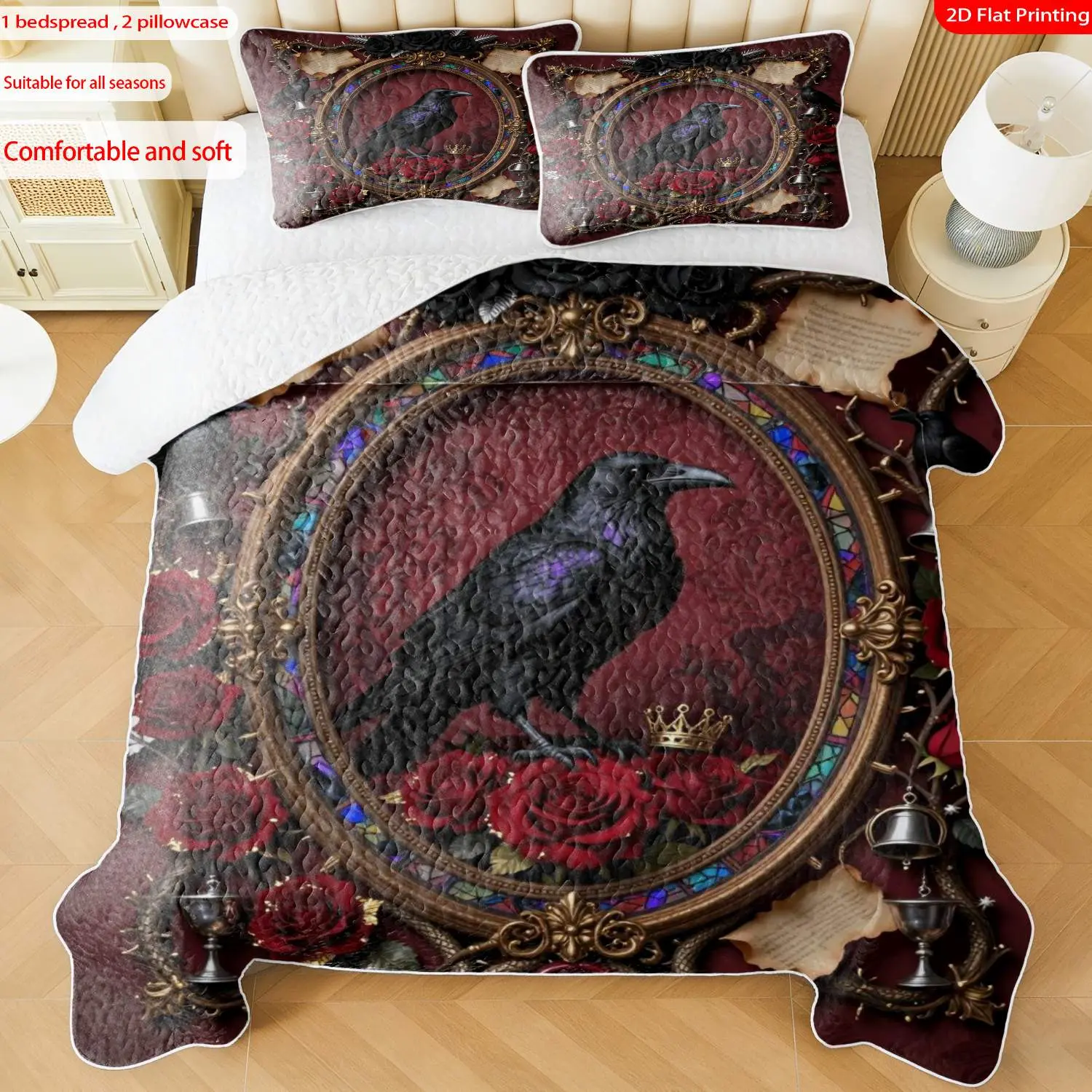 3pcs, 2D flat print Gothic Victorian crow rose stained glass framed art Quilted Bedspread Set multiple sizes available, bedding set, festive decorative bedding, ideal for bedroom décor(1 bedspread , 2 pillowcase)