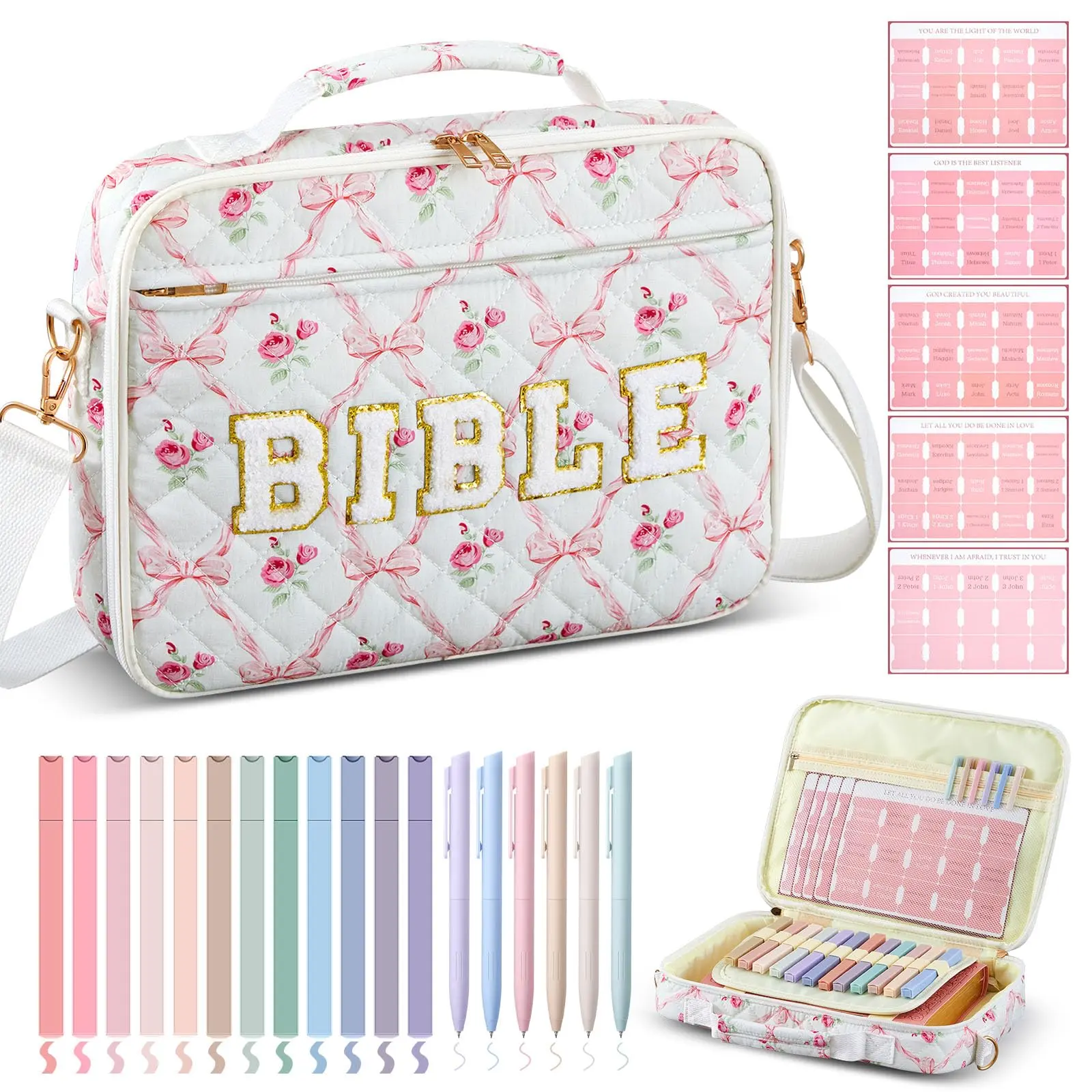 Gejoy Bible Bag for Women Christian Gift Quilted Bible Case 12x9x2.5in Large Chenille Letter Bible Case Tote Bag with Shoulder Strap Pretty Pink Bow Bible Cover Case Bible Study Supplies Bible journaling Kit for Church Sunday Prayer