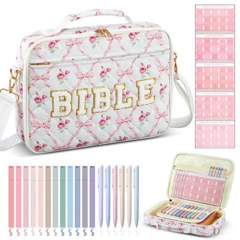 Gejoy Large Bible Bag for Women Bible Book Cover with Bible Study Supplies and Shoulder Strap Book Carrying Case Bible Study Journaling Kit 12 Highlighters 6 Gel Pens 75 Tabs Religious Holy Gift for Christian Women Girlfriend Friend Family Mother Wife