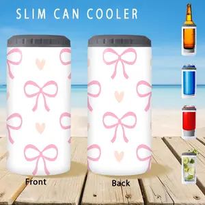 1pc/12oz/350ml,Slim Can Cooler,Insulators,Doucle-Walled Stainless Steel Insulated Slim Cans,2-in-1 Insulated Can Cooler Cup,Pink Bow And Heart Pattern Design,Birthday And Christmas Gifts Friends,Valentine's Day Anniversary Gifts,Insulated Travel Drinkware