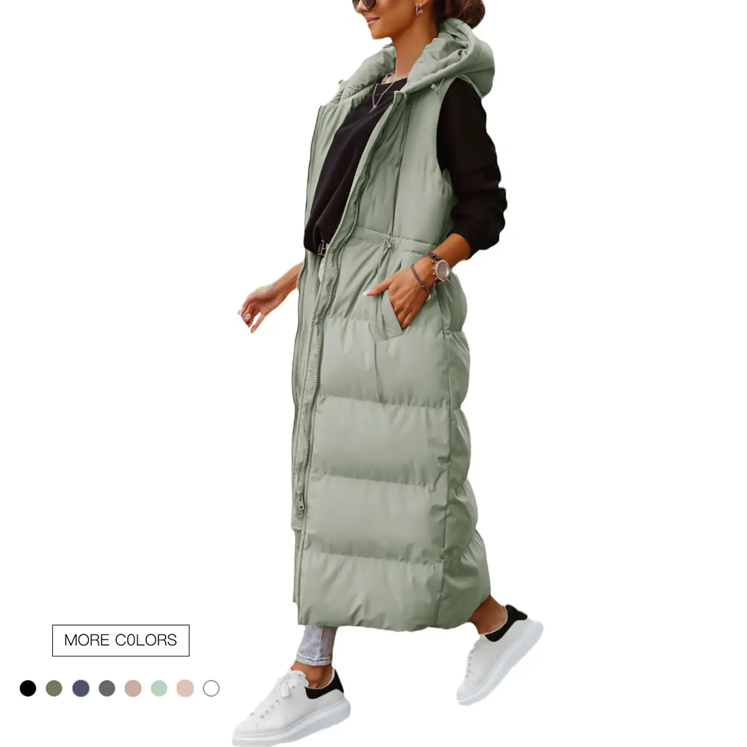Women's Oversize Maxi-Length Puffer Vest, Hooded Quilted Polyester Fabric with Pockets, Machine Washable