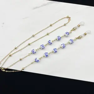 Retro Blue and White Porcelain Eyeglass Chain - Anti-Slip Gold-Plated Metal Beads - Elegant Everyday Accessory & Gift for Her - 29 Inches Long
