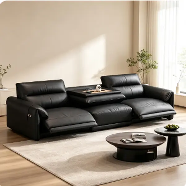 Black Power Reclining Sectional Sofa｜Sleek leather‑look upholstery, adjustable recliner seats & built‑in center console. Spacious modern lounge couch, ultimate comfort for your contemporary living‑room hangouts.