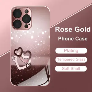 Rose pink heart pattern, metallic paint glass phone case, anti-drop and fingerprint-resistant, skin-friendly feel, suitable for iPhone 17, 16, 15, 14, 13, 12, 11 and other series models, can be given as a gift to friends or family.