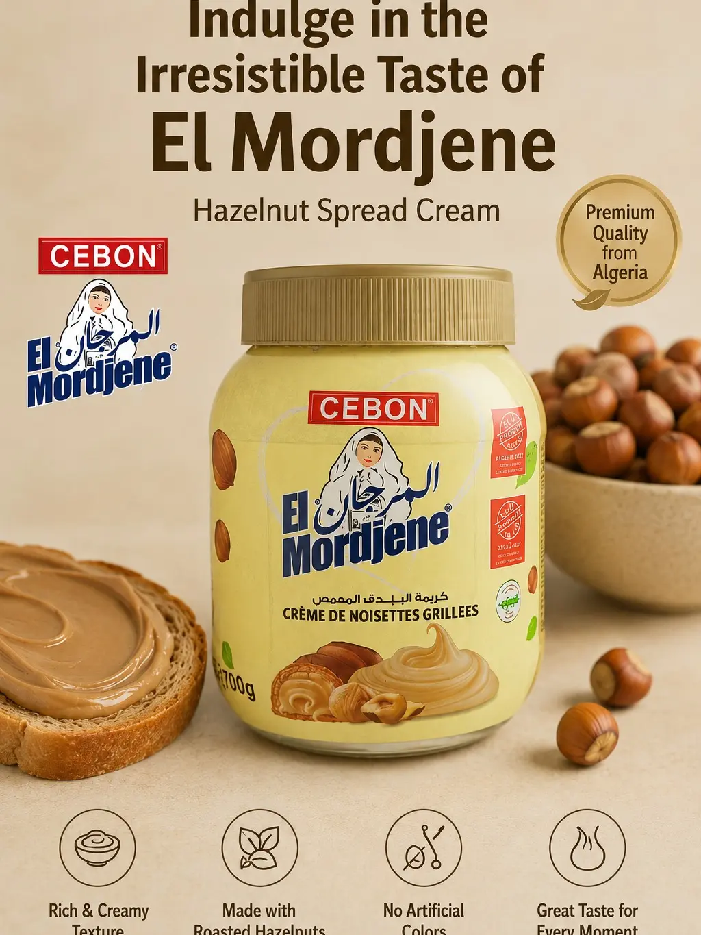 CEBON Traditional Roasted Hazelnut Spread Cream, 700g Pantry-Ready Jar with Shrink Wrap, Room Temp-Ambient Safe, Shelf-Stable Authentic Algerian Preserve, North African Flavor Snack Item