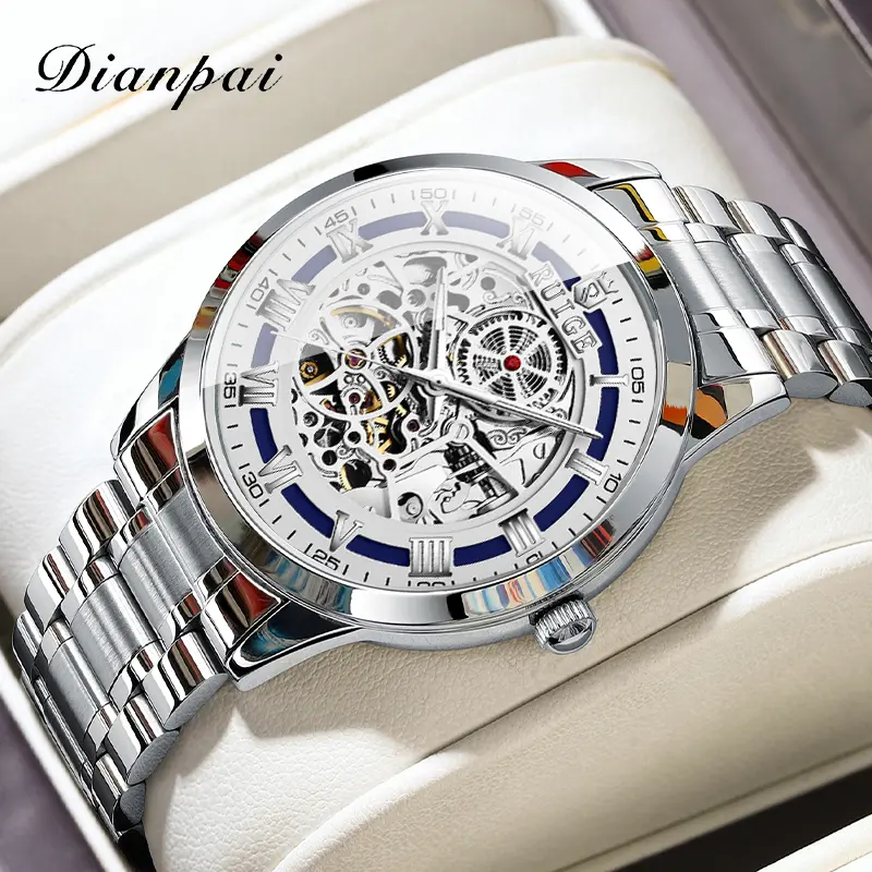 ruige Men's Classic Analog Watches, Hollowed-Out Metal Watch with Automatic Mechanical Movement, Luminous Blue Dial and Stainless Steel Buckle Band, Business Fashion Watch