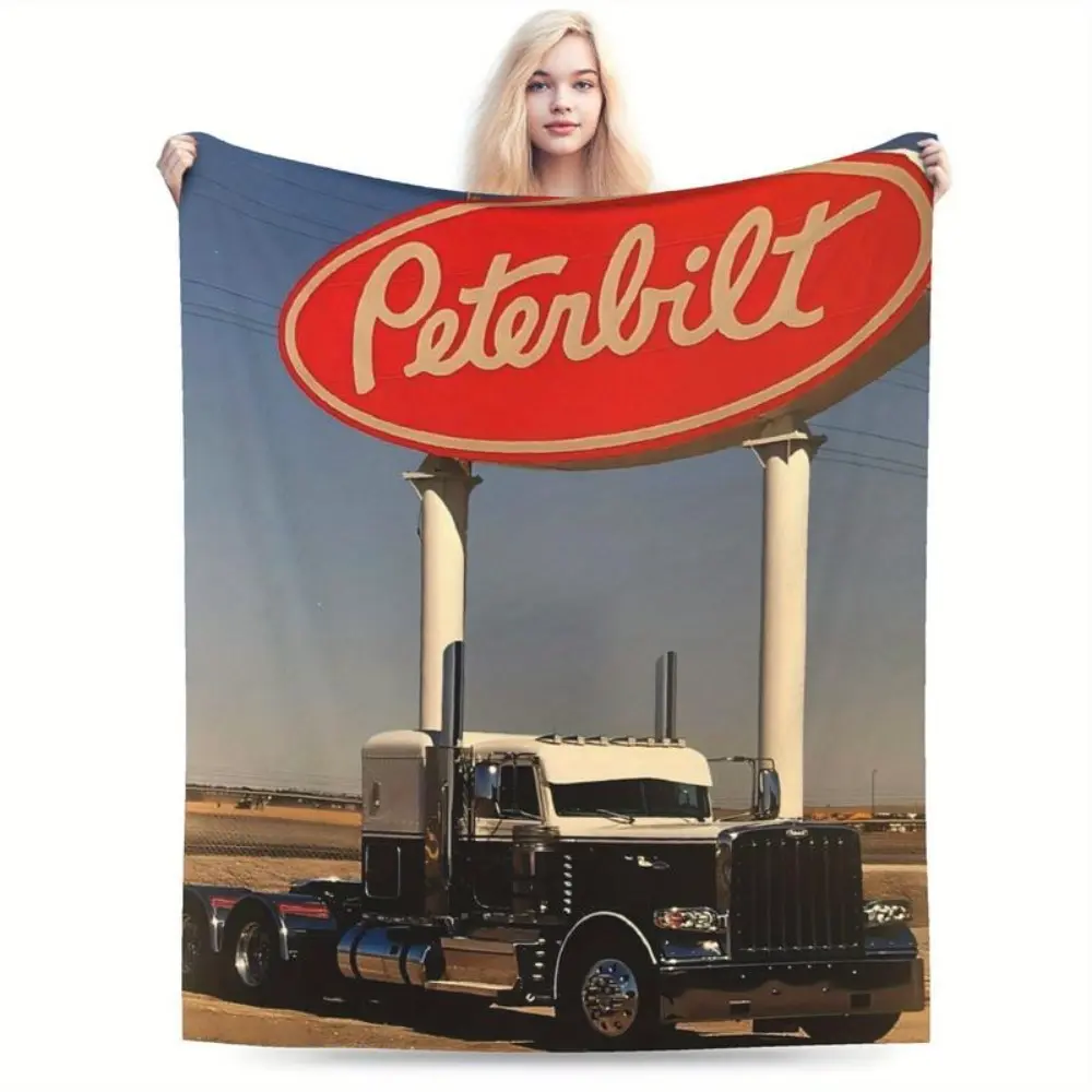 1pc Peterbilt Truck Logo Flannel Blanket - 60x50, Wrinkle Resistant, All-Season Soft Warm Camping Home Gift, Sturdy Durable Red-Yellow Design for Truck Enthusiasts, Camping Accessories
