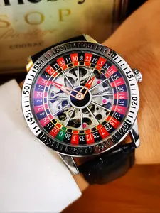 1pc Fashion Casual Skeleton Automatic Mechanical Watch for Men Rotating Design Luminous Hands Leather Strap Casual Business Wristwatch Business Luxury Mens Watches Festival Birthday Gifts With Box