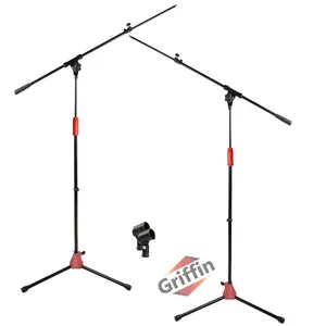 Microphone Stand (Pack of 2) with Boom Arm by GRIFFIN | Mic Clip Adapter Tripod Folding Legs & Telescoping | Adjustable Holder Mount For Studio Recording Accessories, Singing Vocal Karaoke, Live Stage