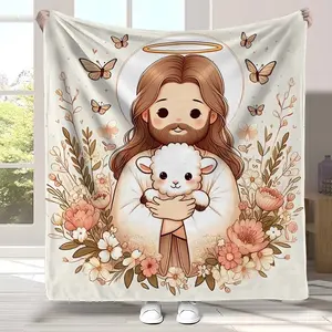 Cute Jesus Lamb Christian Religious Gift Soft Cozy Flannel Blanket Watercolor Floral Butterfly Jesus Print Plush Throw Warm Fuzzy Bedroom Sofa Blanket Perfect Baptism Easter Christmas Gift for Christian Believers Women Kids Home Decor