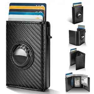 Minimalist Mens Wallet Card Holder Leather Carbon Fiber Slim RFID Blocking 6-9 Card Capacity ID Window Cash Slot Gift Ready Pop-Up Card Design AirTag Holder