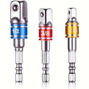 3 Piece Color-Coded Impact Socket Adapter Set, 1/4", 3/8", 1/2" Hex Handle, Compatible with Radio Drills, Durable Alloy, Square Drive Extension Kit, Wrench Extension