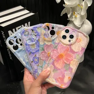 1PCS Colorful Retro Oil Painting Case with Flower Pattern Cute Curly Wave Frame Phone Case for iPhone 16 Pro X XS MAX 11 12 13 14 15 Plus Series Case Protection phone accessory slide camera majic  john s24  ultra Slim Clear cute star good  big flower