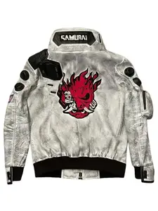 OX and Bulls Handmade Off White V's Jacket 2077 Cyberpunk Inspired Vegan Leather Cosplay Costume for Men Autumn Wear with Samurai Skull Design