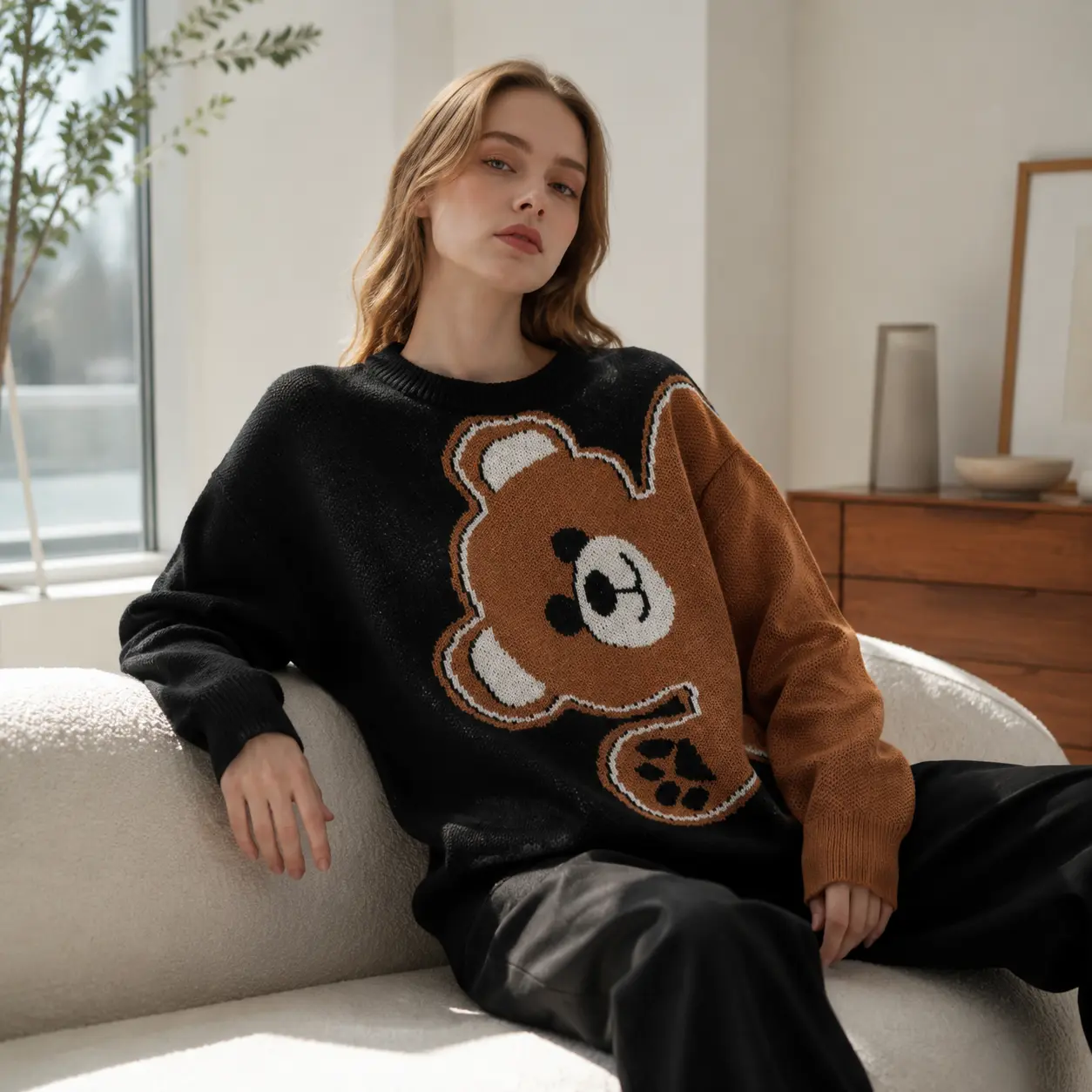 Women's Regular Fit Crew Neck Colorblock Knitwear - 2-Tone Cute Big Cartoon Teddy Bear Graphic, Longsleeves, Soft, Loose, Comfortable Everyday Casual Fall Winter Pullover Top, Style, 2-Tone Design